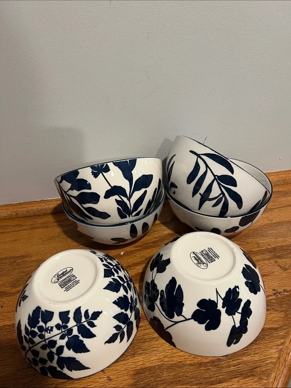 Arbor White Stoneware Bowl Set with Blue Botanical Design - 6 Pieces